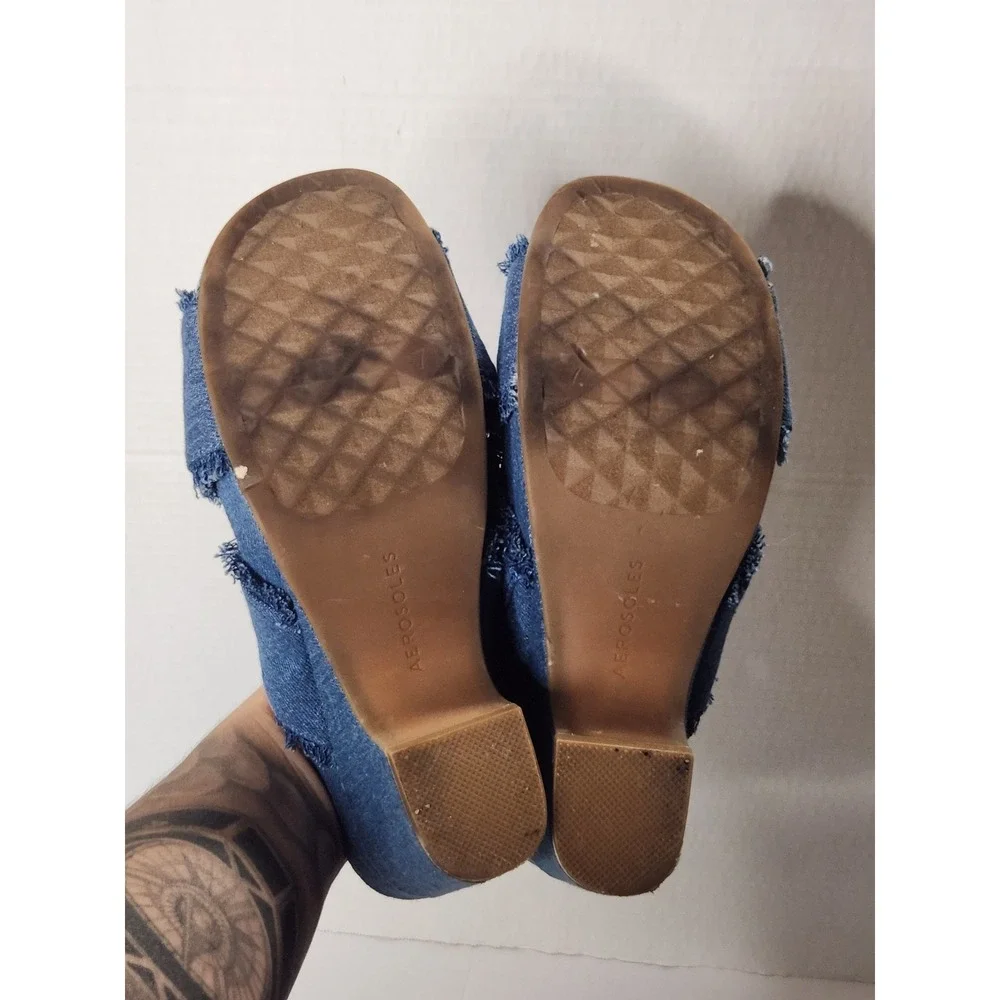 Aerosoles Madina Blue Denim Frayed Criss Cross Block Heel Slide Sandals Size 7M